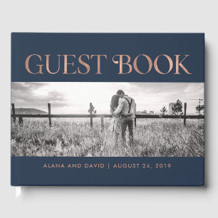 Art Deco Faux Rose Gold on Navy Photo Wedding Guest Book