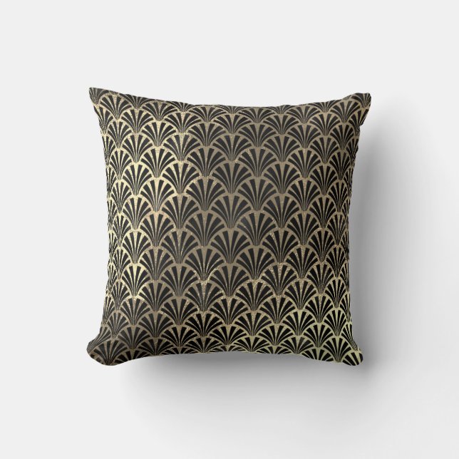 Art Deco Faux Sepia Black Gold Seashells Scale Throw Pillow (Front)