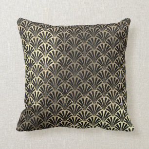 Art Deco Faux Sepia Black Gold Seashells Scale Throw Pillow