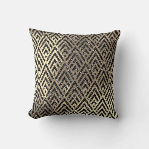 Art Deco Faux Sepia Black Gold Triangles Diamond Throw Pillow