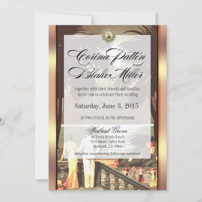 Art Deco Faux Vellum Metallic Champagne Wedding Invitation (Front)