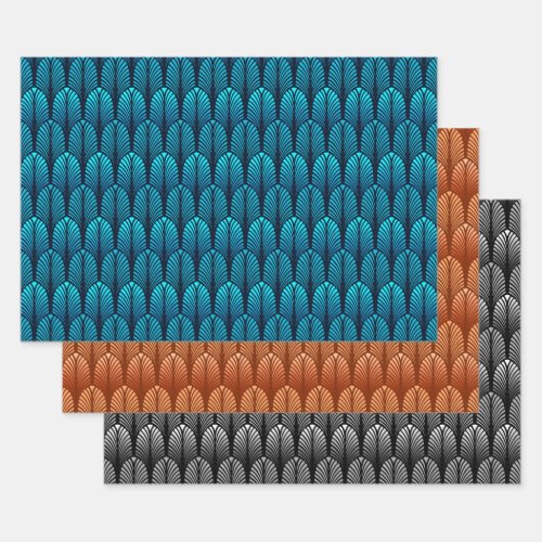 Art Deco Feather Pattern Blue Copper Pewter Wrapping Paper Sheets