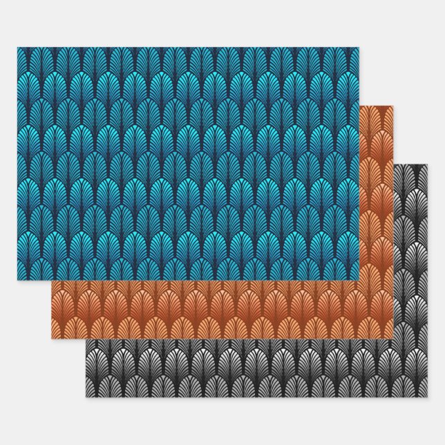 Art Deco Feather Pattern, Blue, Copper, Pewter Wrapping Paper Sheets (Set)