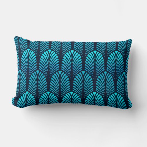 Art Deco Feather Pattern Cerulean Blue Lumbar Pillow