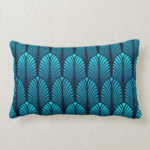 Art Deco Feather Pattern, Cerulean Blue Lumbar Pillow