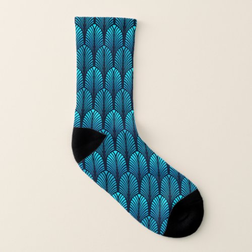 Art Deco Feather Pattern Cerulean Blue Socks