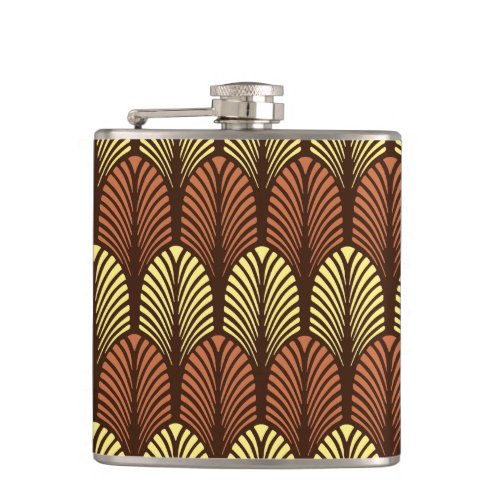 Art Deco Feather Pattern Dark Brown and Rust Hip Flask