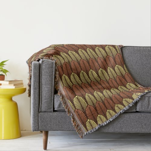 Art Deco Feather Pattern Dark Brown and Rust Throw Blanket