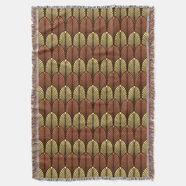 Art Deco Feather Pattern, Dark Brown and Rust Throw Blanket (Front Vertical)