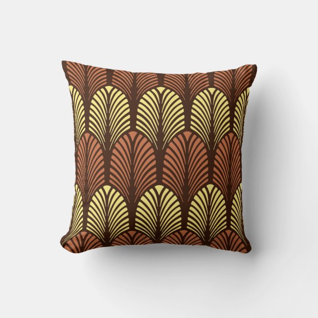 Art Deco Feather Pattern, Dark Brown and Rust Throw Pillow (Front)