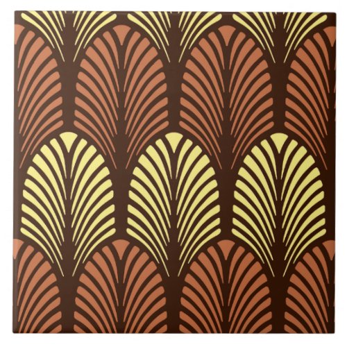 Art Deco Feather Pattern Dark Brown and Rust Tile