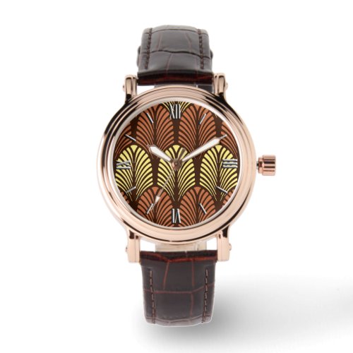 Art Deco Feather Pattern Dark Brown and Rust Watch