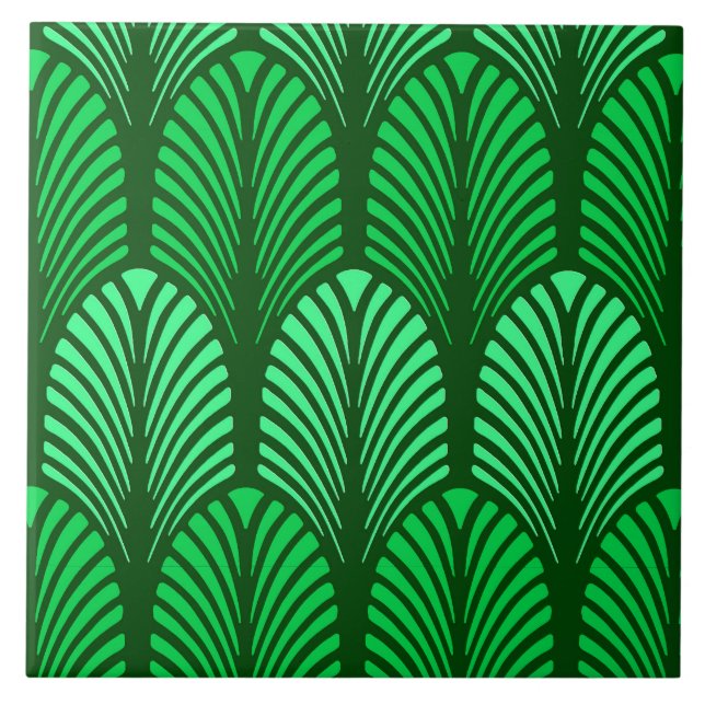 Art Deco Feather Pattern, Emerald Green Ceramic Tile (Front)