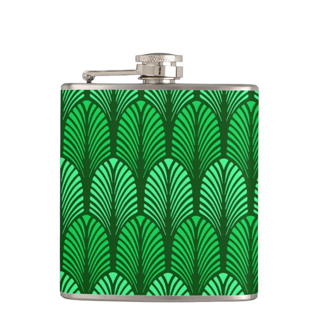 Art Deco Feather Pattern, Emerald Green Hip Flask (Front)