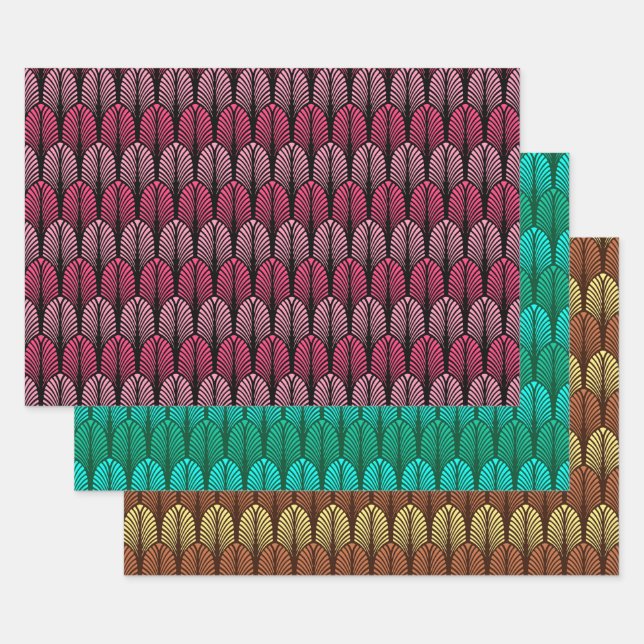 Art Deco Feather Pattern, Fuchsia, Aqua & Brown Wrapping Paper Sheets (Set)
