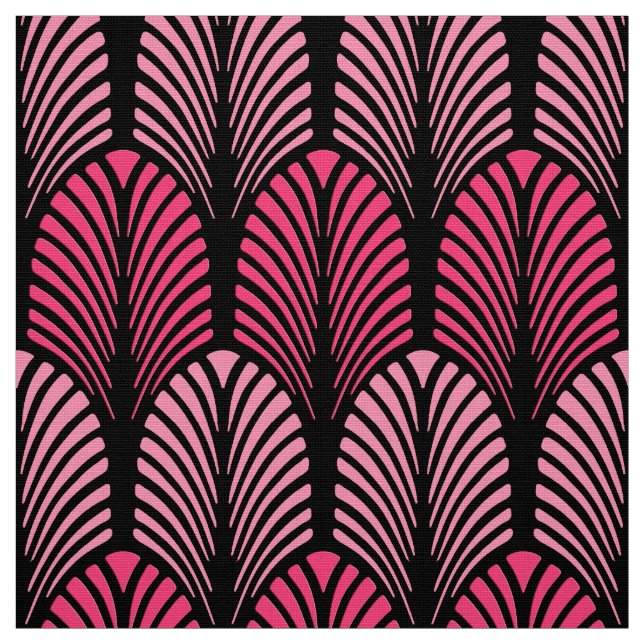 Art Deco Feather Pattern, Fuchsia Pink and Black Fabric (Swatch)