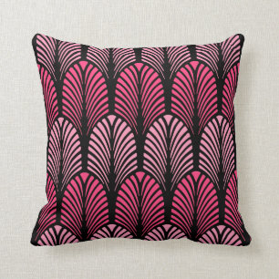 Art Deco Feather Pattern, Fuchsia Pink and Black Throw Pillow