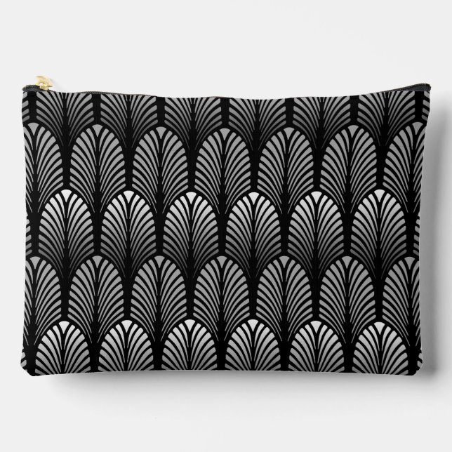 Art Deco Feather Pattern, Silver Gray and Black  Accessory Pouch (Front)
