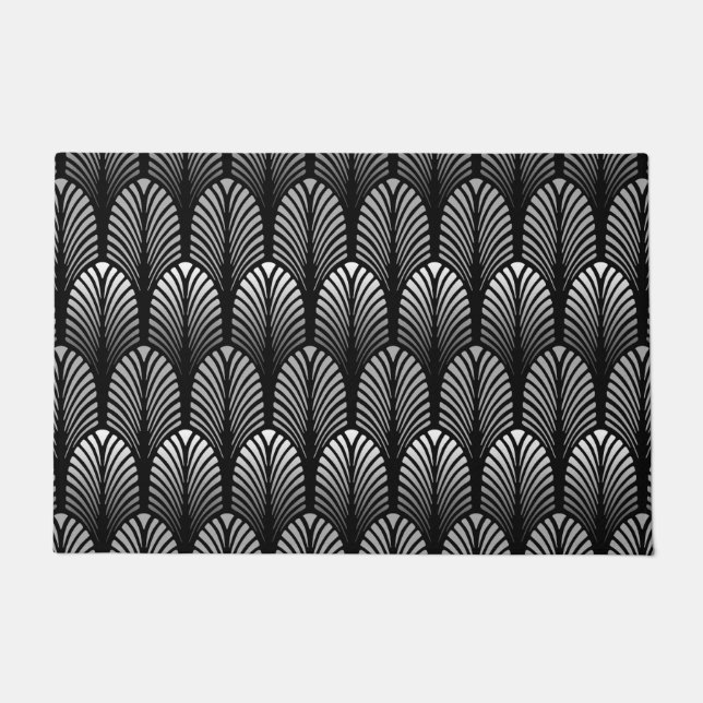 Art Deco Feather Pattern, Silver Gray and Black Doormat (Front)