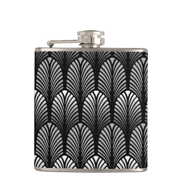 Art Deco Feather Pattern, Silver Gray and Black Hip Flask (Front)