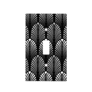 Art Deco Feather Pattern, Silver Gray and Black Light Switch Cover