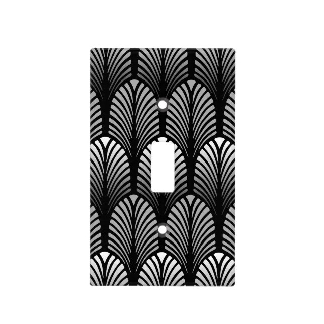 Art Deco Feather Pattern, Silver Gray and Black Light Switch Cover (Front)