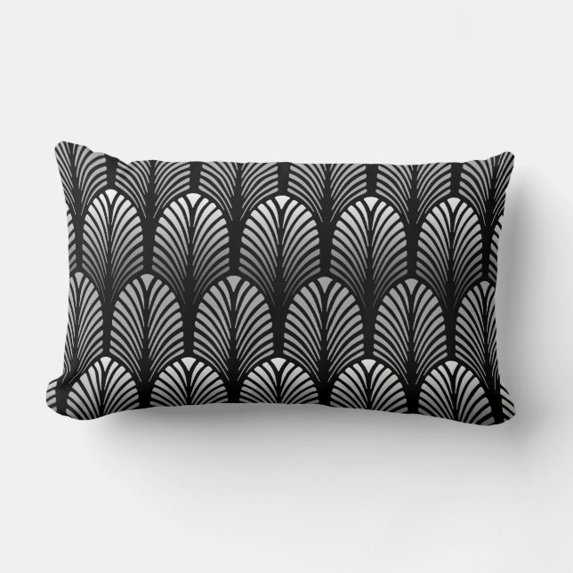 Art Deco Feather Pattern, Silver Gray and Black Lumbar Pillow (Front)
