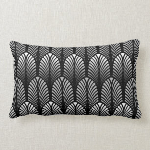 Art Deco Feather Pattern, Silver Gray and Black Lumbar Pillow
