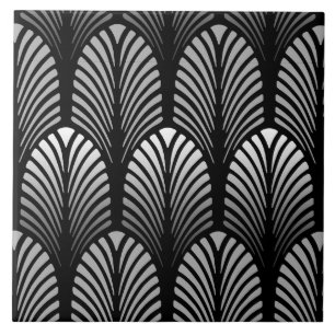 Art Deco Feather Pattern, Silver Gray and Black Tile