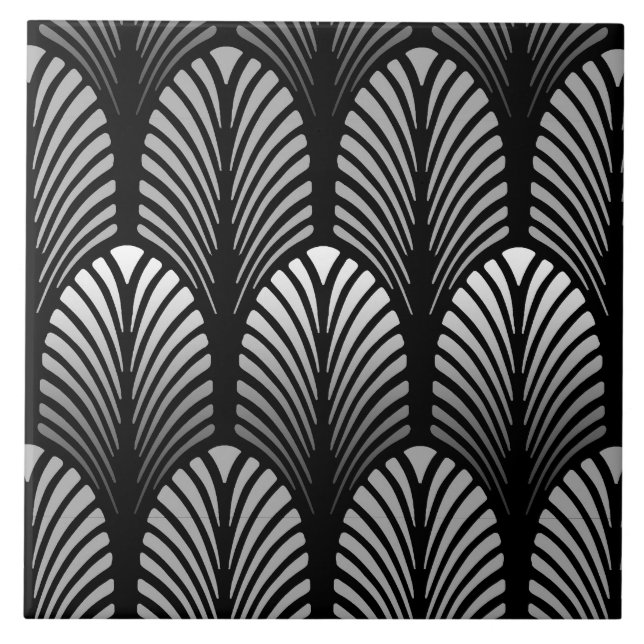 Art Deco Feather Pattern, Silver Gray and Black Tile (Front)