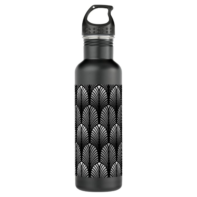 Art Deco Feather Pattern, Silver Gray and Black Water Bottle (Front)