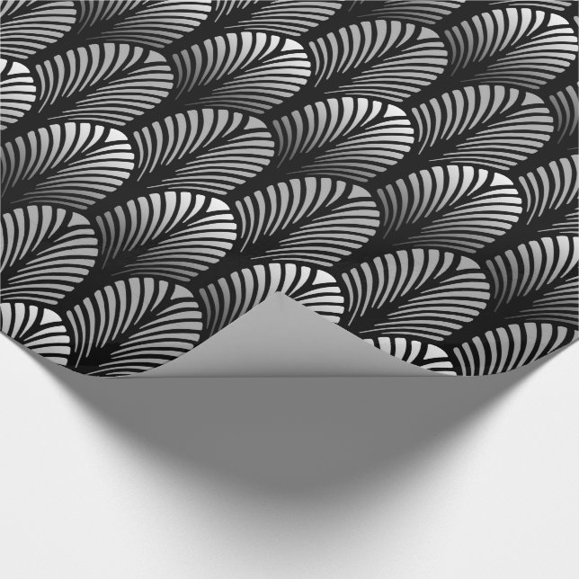 Art Deco Feather Pattern, Silver Gray and Black Wrapping Paper (Corner)