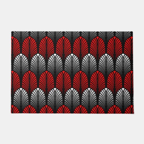 Art Deco Feather Pattern Silver Gray and Red Doormat