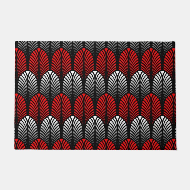 Art Deco Feather Pattern, Silver Gray and Red Doormat (Front)