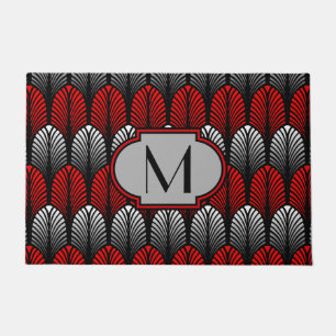 Art Deco Feather Pattern, Silver Gray and Red Doormat