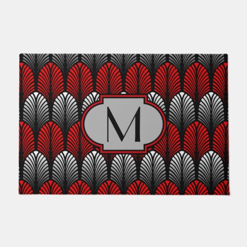Art Deco Feather Pattern Silver Gray and Red Doormat