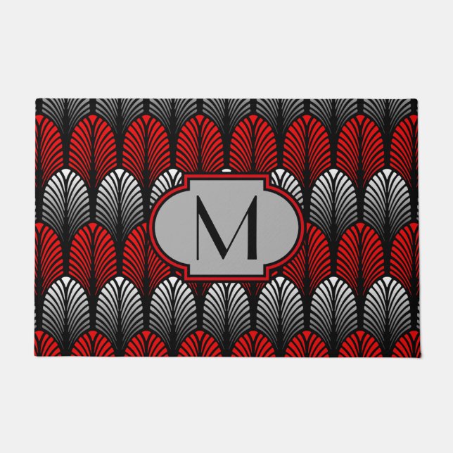 Art Deco Feather Pattern, Silver Gray and Red Doormat (Front)