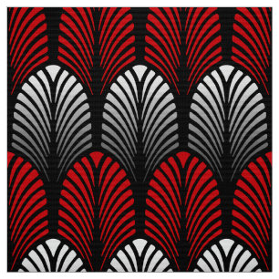 Art Deco Feather Pattern, Silver Gray and Red Fabric