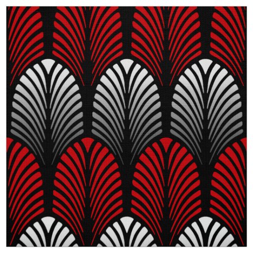 Art Deco Feather Pattern, Silver Gray and Red Fabric