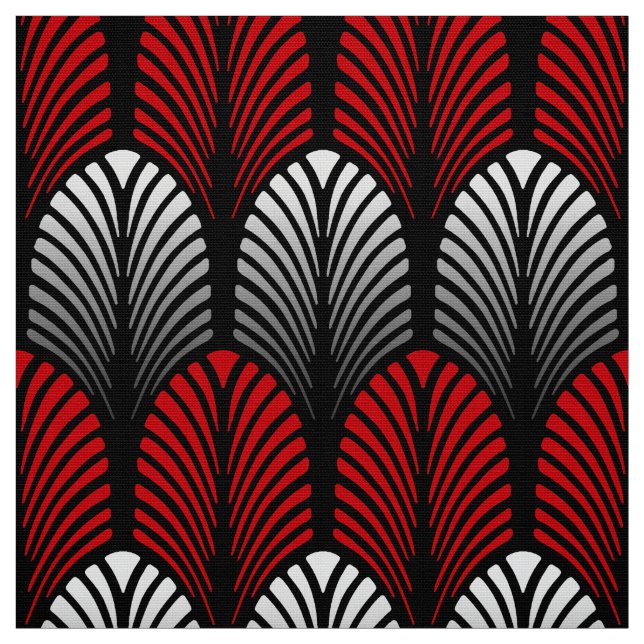 Art Deco Feather Pattern, Silver Gray and Red Fabric (Swatch)
