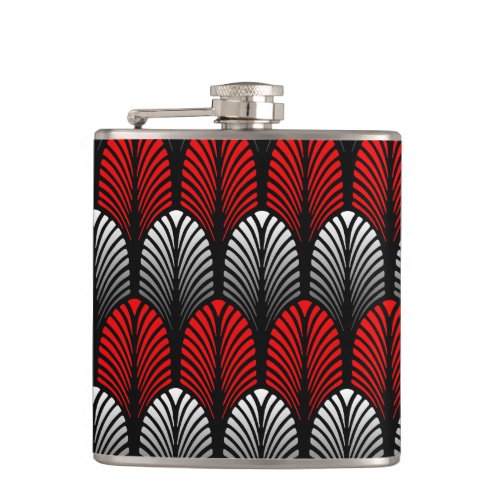 Art Deco Feather Pattern Silver Gray and Red Flask