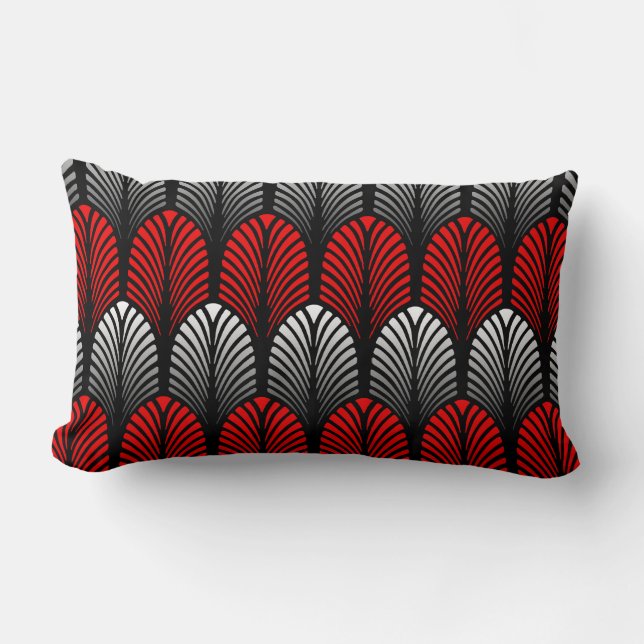 Art Deco Feather Pattern, Silver Gray and Red Lumbar Pillow (Front)