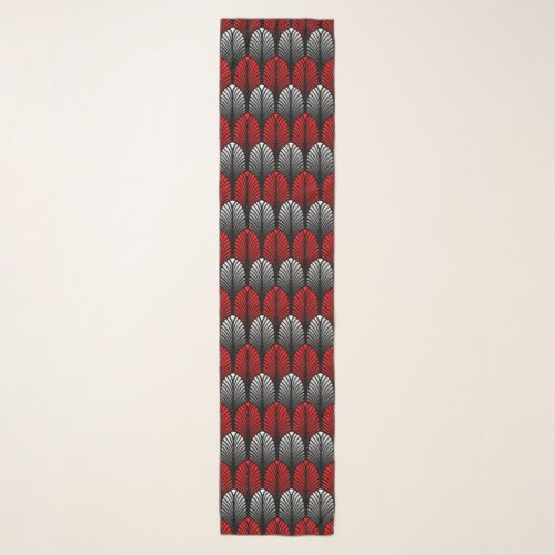 Art Deco Feather Pattern Silver Gray and Red Scarf