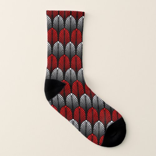 Art Deco Feather Pattern Silver Gray and Red Socks