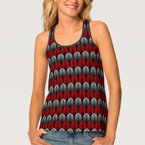 Art Deco Feather Pattern Silver Gray and Red Tank Top