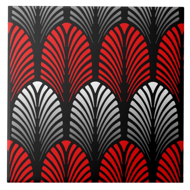 Art Deco Feather Pattern, Silver Gray and Red Tile (Front)