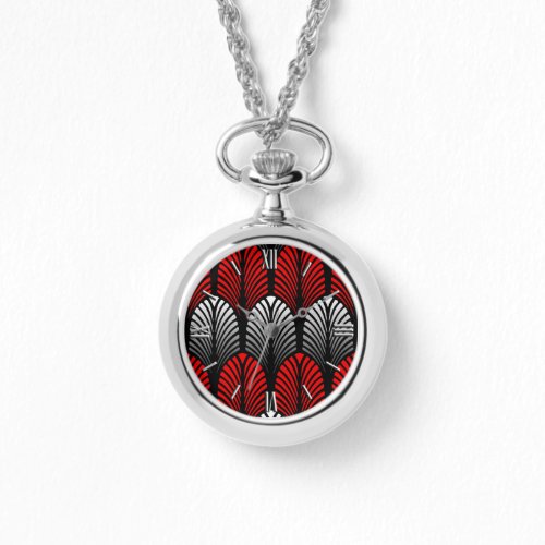 Art Deco Feather Pattern Silver Gray and Red Watch