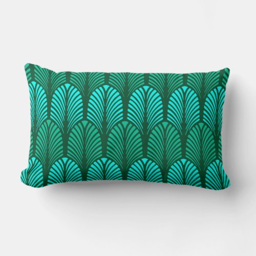 Art Deco Feather Pattern Turquoise and Aqua Lumbar Pillow