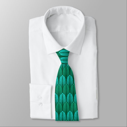Art Deco Feather Pattern Turquoise and Aqua Tie