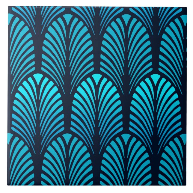 Art Deco Feather Pattern, Turquoise and Navy Ceramic Tile (Front)